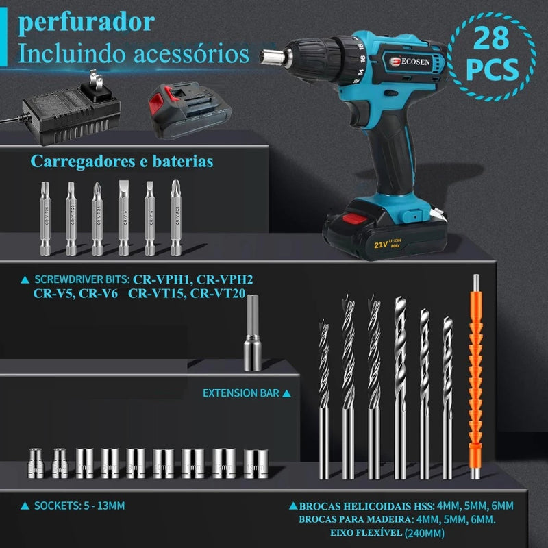 Parafusadeira/Furadeira 21V com LED – Kit Completo com 28 Peças